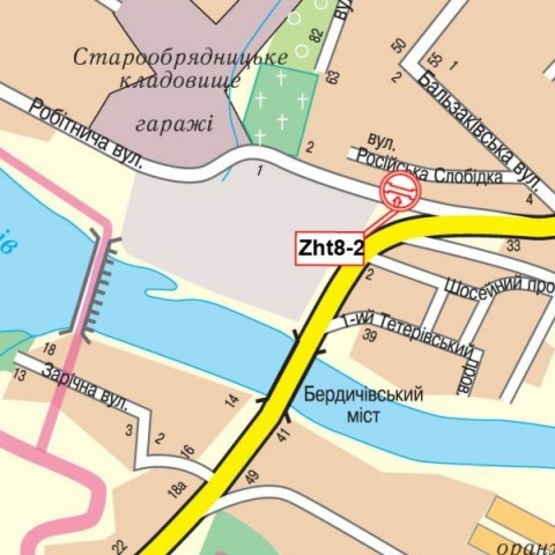 Схема рекламной плоскости по адресу Жуйка ул., 10 (нижняя), (Мебель-Сервис, Прод.магазин, "Житомиробленерго", шиномонтаж"), в сторону ул. Б.Бердичевская