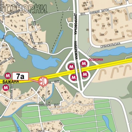 Схема рекламной плоскости по адресу Бажана Н. просп., (ТЦ "Новус", 300м. к ст. м.  Осокорки, "KFC", Новая почта №60, АЗС "ANP"), в направ. Бориспольского шоссе, правый