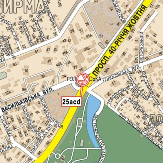 Схема рекламної площини за адресою Голосеевский просп. (40-летия Октября просп.), 70 (Голосеевская пл.), ст. м. Голосеевская, гостиница "Мир", парк Голосеевский, в направл. Краснозвездного просп.