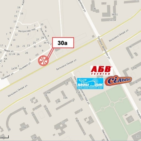 Схема рекламної площини за адресою Бальзака О. ул. (180м.до заезда в церковь) в сторону центра