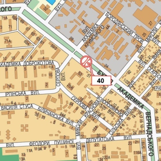 Схема рекламної площини за адресою Вернадского Ак. бул., 24-26 (на разделителе), Детская клиника №5, Автомагазин, в направ. прос. Академика Палладина