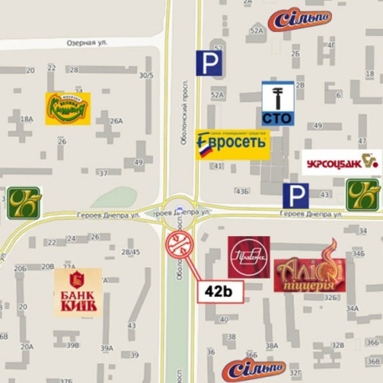 Схема рекламної площини за адресою Оболонский просп., 40 - ст. м.  Героев Днепра, (ПравексБанк, "Аптека низких цен", рынок Оболонский, "Нью-Вінд" Торговий Дім)