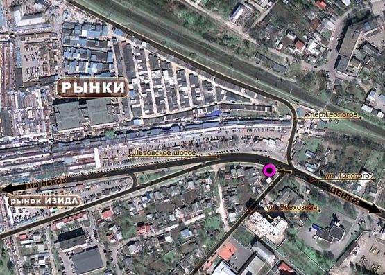 Схема рекламної площини за адресою Львівське шосе (поворот на пожарку). неподалік: ринки (більше 60Га торгових площ) (від центру, на ринки)