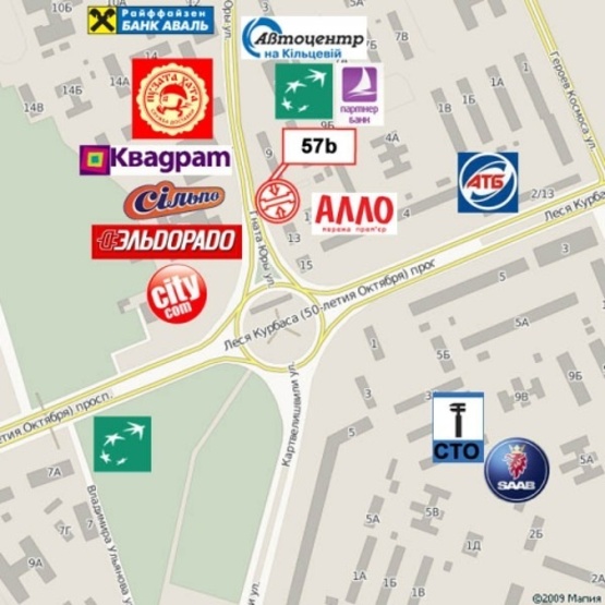 Схема рекламної площини за адресою Юры Гната ул., 9, (ТЦ "Квадрат", ТЦ "Дитяча країна", кинотеатр "Лейпциг", Ельдорадо, БЦ "Жизнь и Право", "Сильпо", "Велика кишеня), направ. прос. Л.Курбаса