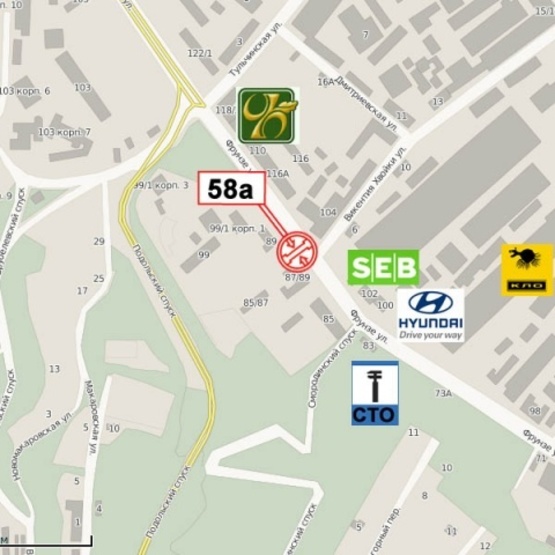 Схема рекламной плоскости по адресу Кирилловская ул. (Фрунзе ул.) - ул. Хвойки  В., (ОщадБанк, Библиотека им. О.Копиленка, стадион "Спартак", СШ№114), направ. Нижний Вал ул.