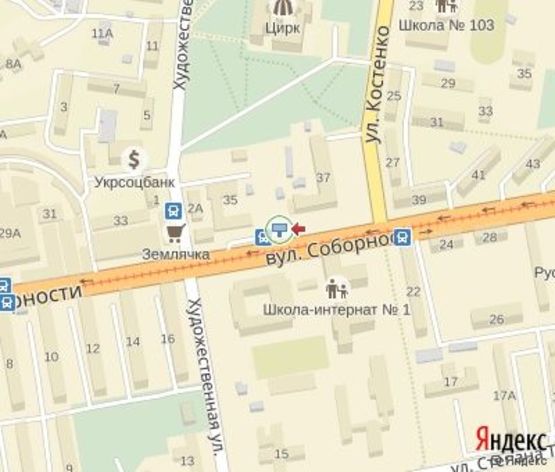 Схема рекламной плоскости по адресу Соборности ул., 35 (Дом Быта, РК "Голливуд"), в направление к рынку  Соц.города