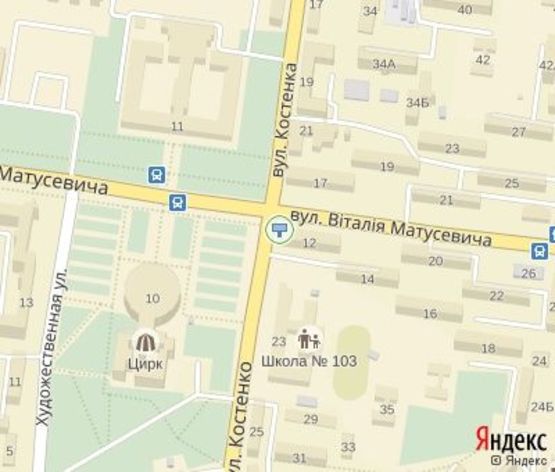 Схема рекламної площини за адресою Матусевича ул., 12 - Костенко ул., (ПриватБанк, КТУ, цирк), напраление к Гагарина пр.