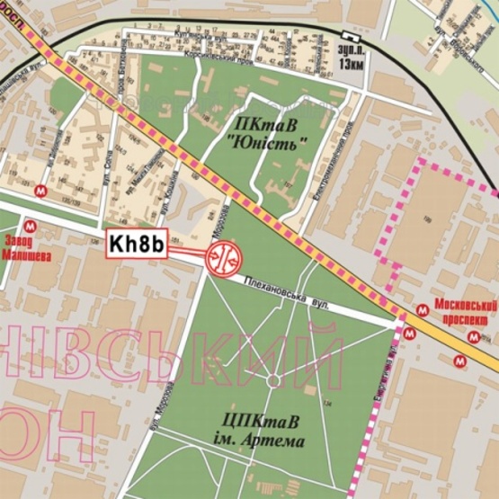 Схема рекламної площини за адресою Плехановская ул. - Морозова ул., (завод им.Малышева, ТРЦ РОСТ, парк Машиностроителей (парк ПКиО им.Артема), СТО "Саманд"),направл. из центра