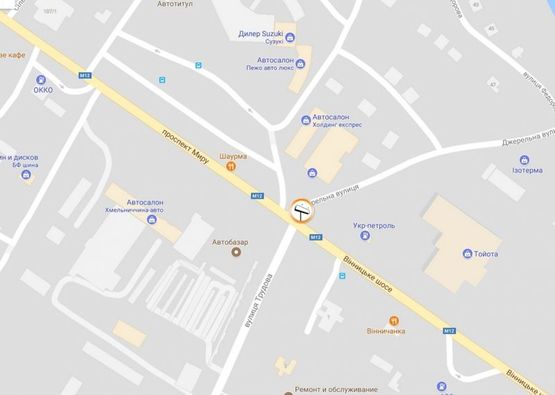 Схема рекламної площини за адресою перехрестя пр.Миру-вул.Трудова та Вінницького шосе. неподалік: авторинок, автосалони всіх відомих брендів, кілька АЗС, Автовокзал №1 (від центру)