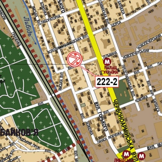 Схема рекламної площини за адресою Антоновича ул. (Горького), 124-128 (Владимирский рынок, Бюро судебных экспертиз Украины, "Приват Банк", 300м. к ст. м. Дворец Украина")