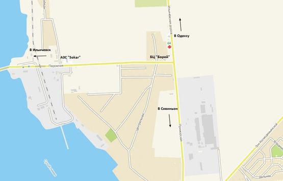 Схема рекламной плоскости по адресу Черноморск-Одесса.Из Черноморска, поворот от переправы к Одессе, к АЗС