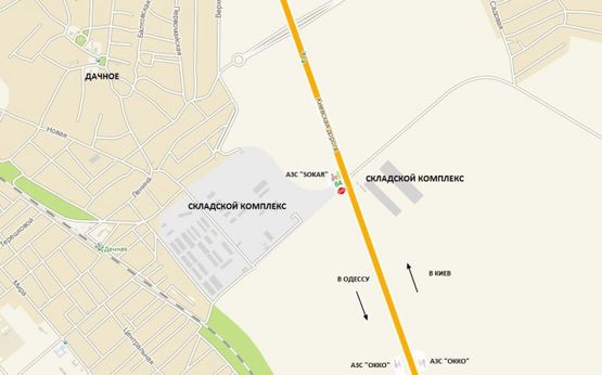 Схема рекламной плоскости по адресу Киев-Одесса. До Клеверного моста из Киева (452+870), складской комплекс, АЗС "Sokar"
