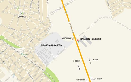 Схема рекламной плоскости по адресу Одесса-Киев.За Клеверным мостом из Одессы (452+810), складской комплекс, напротив  АЗС "Sokar"