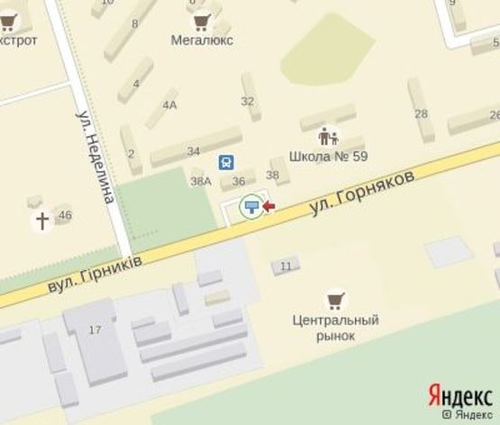 Схема рекламної площини за адресою Горняков ул., 38, мкр. Ингулец, (Автостиль, пиццерия "Челентано", автовокзал)