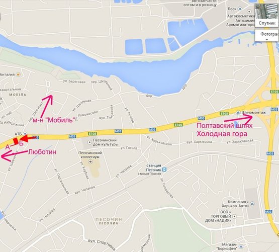 Схема рекламної площини за адресою Полтавский шлях- пер Шевченко- поворот на микр-н "Мобиль",из центра