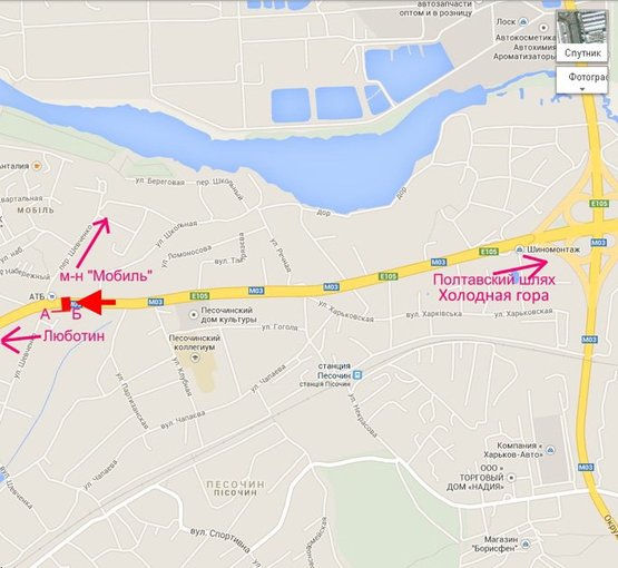 Схема рекламної площини за адресою Полтавский шлях-пос.Песочин-пер Шевченко-напротив маркета АТБ,из центра