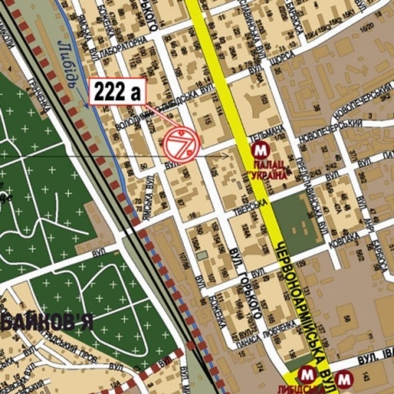 Схема рекламної площини за адресою Антоновича ул. (Горького), 124-128 (Владимирский рынок, Бюро судебных экспертиз Украины, 300м. к ст. м. Дворец Украина", в направлении бул. Дружбы Народов)