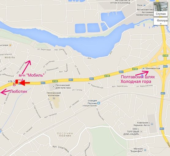 Схема рекламної площини за адресою Полтавский шлях-пос.Песочин-пер Шевченко- возле маркета АТБ,из центра