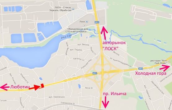 Схема рекламной плоскости по адресу Полтавский шлях-ул. Новоселовская, в центр