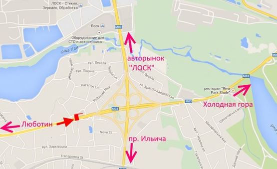 Схема рекламной плоскости по адресу Полтавский шлях- пост ГАИ-возле шиномонтажа, в центр