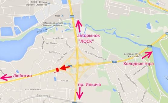 Схема рекламной плоскости по адресу Полтавский шлях - пер. Киевский, развязка с окружной, из центра