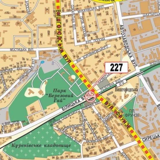 Схема рекламной плоскости по адресу Вышгородская ул. - ул. Белицкая, 4 (парк Березовая роща, Домик-музей Т.Г.Шевченко)