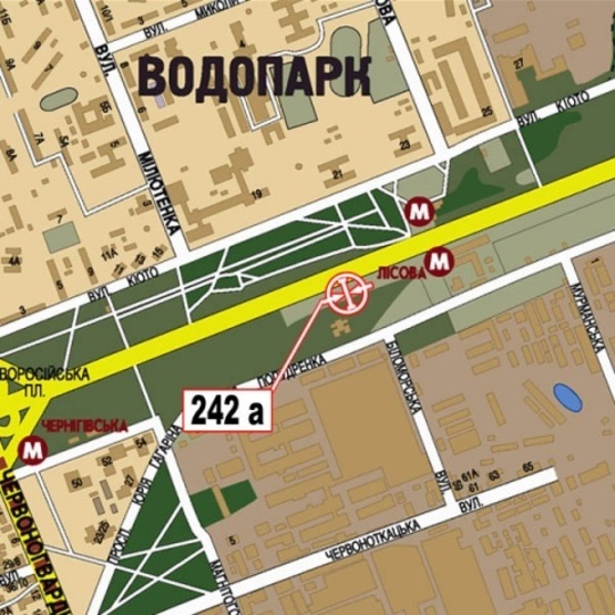 Схема рекламной плоскости по адресу Броварской просп., ст. м.  Лесная (супер-маркет "МегаМаркет", парк Киото, выезд из города)