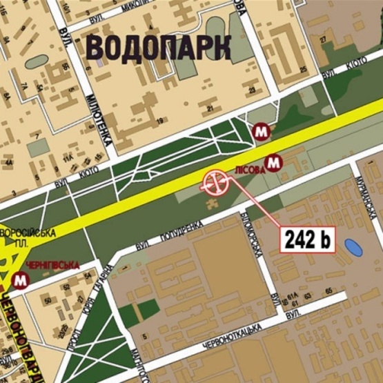 Схема рекламной плоскости по адресу Броварской просп., ст. м.  Лесная (супер-маркет "МегаМаркет", парк Киото, в направлении центра города)