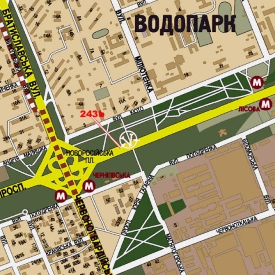 Схема рекламної площини за адресою Броварской просп., ст. м. Лесная (500м к ст. м. Черниговская, парк Киото, АЗС, выезд из города)