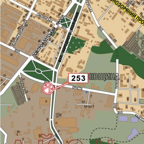 Схема рекламної площини за адресою Народного Ополчения ул./ ул. Эрнста (на светофоре), Академия внутренних дел, по направ. Жуляны