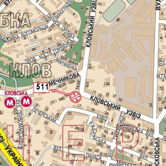 Схема рекламной плоскости по адресу Кловский спуск, 14, (Правекс Банк, Укртрансгаз, "Bereznitsky Gallery", UniCredit банк, мото "Biker Store"), в направ. Московской ул.