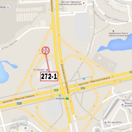 Схема рекламной плоскости по адресу Бажана Н. просп., выезд на Днепровскую набережную (на разделителе), ст. м.  Осокорки, ТЦ "Аркадия", "KFC", Евробазар