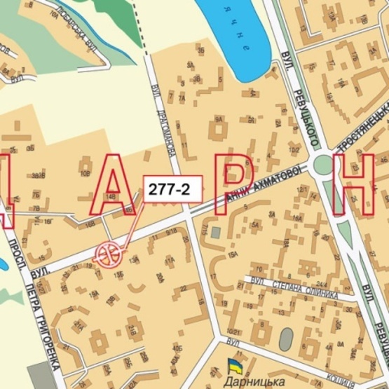 Схема рекламної площини за адресою Ахматовой ул., 15 (ПриватБанк, Торговый комплекс) направ. к прос. П.Григоренко