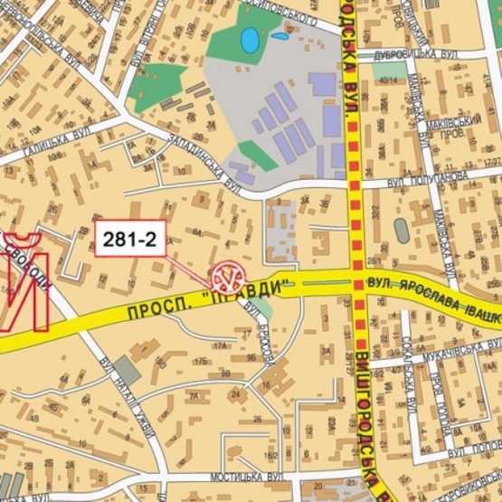 Схема рекламної площини за адресою Правды просп., 6 (возле светофора), в направлении ул. Автозаводской