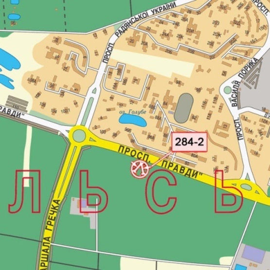 Схема рекламной плоскости по адресу Правды просп., 94 (маркет "Фора", ОщадБанк, Библиотека им. А.Головка ), направ.к Маршала Гречко ул.