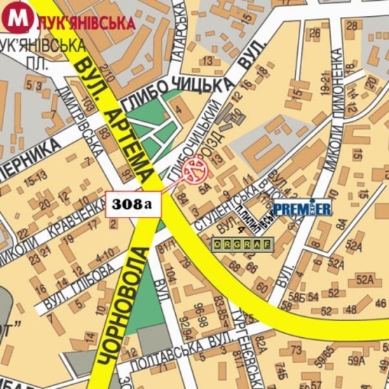 Схема рекламної площини за адресою Глубочицкий проезд-ул.Артема, (Высший Совет Юстиций, БЦ "Артем", "Киевская Русь", Райффайзен Банк Аваль) в направ. Прос. Победы