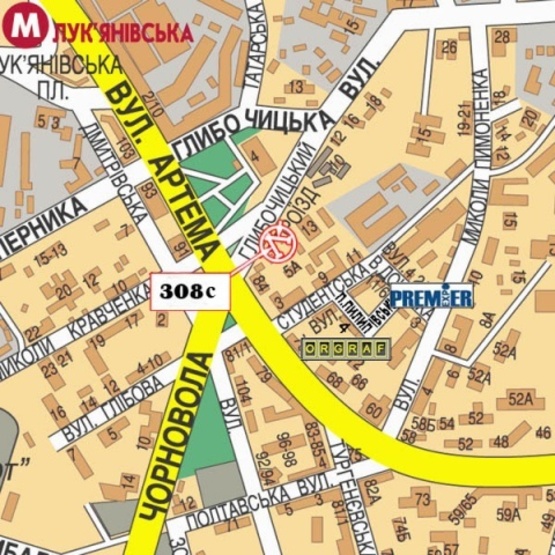 Схема рекламної площини за адресою Глубочицкий проезд -ул.Артема, (Высший Совет Юстиций, БЦ "Артем", "Киевская Русь", Райффайзен Банк Аваль) в направ. Прос. Победы