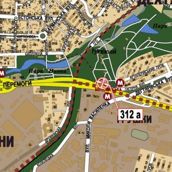 Схема рекламной плоскости по адресу Победы просп. (ст. м.  Берестейская, KIA motors, Музей мастерская, УкрСибБанк),направ. из города, бэклайт