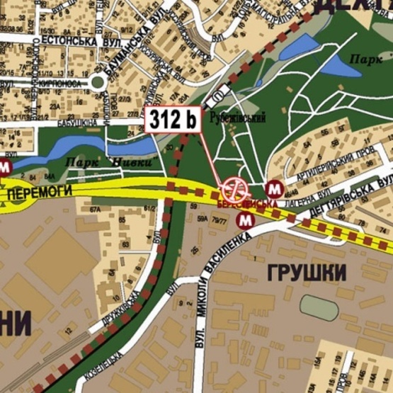 Схема рекламной плоскости по адресу Победы просп. (ст. м.  Берестейская,АЗС "ТНК" , KIA motors, Музей мастерская, УкрСибБанк), направ. в центр города