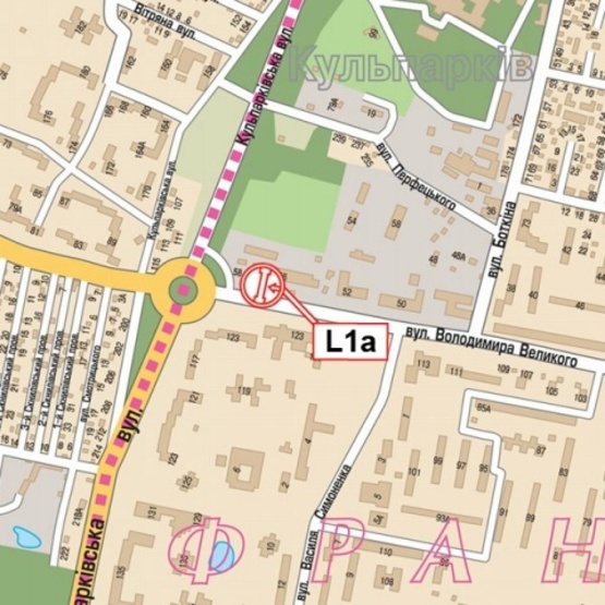 Схема рекламной плоскости по адресу Великого В.ул., 54 (150м к перекрестку с ул. Кульпарковской), (АЗС "ОККО", пиццерия "Челентано", СТО, Львовский проэктный Ин-т), в направл. ул. И.Выговского