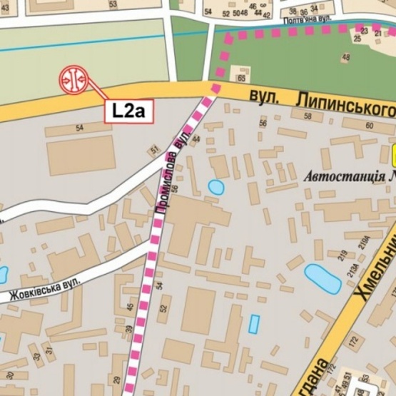 Схема рекламной плоскости по адресу Липинского ул., 54, (АЗС "ОККО", ИнфоЦентр БТИ, Райффайзен Банк Аваль, автосалон "Ніко-Захід"), направл. просп. В.Черновола