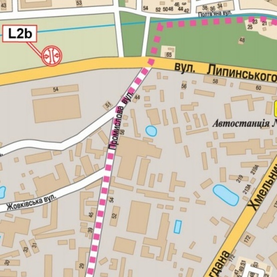 Схема рекламной плоскости по адресу Липинского ул., 54, (АЗС "ОККО", ИнфоЦентр БТИ, Райффайзен Банк Аваль, автосалон "Ніко-Захід"), направл. ул. Б.Хмельницкого