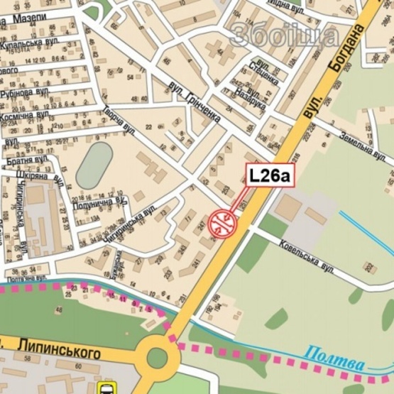 Схема рекламной плоскости по адресу Хмельницкого Б. ул., 245 ("Львовхим", ЕвроАвто, Райффайзен Банк Аваль, "Центр Безпеки Бізнесу"), в сторону ул. Липинского