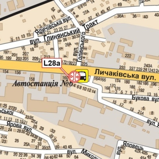 Схема рекламной плоскости по адресу Лычаковская ул., 162 (Автовокзал, магазин "Все для мебели", "Фермер", автозапчасти, шиномонтаж), направл. из города