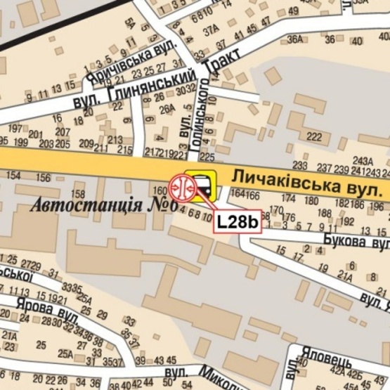 Схема рекламной плоскости по адресу Лычаковская ул., 162 (Автовокзал, магазин "Все для мебели", "Фермер", автозапчасти, шиномонтаж), направл. в город