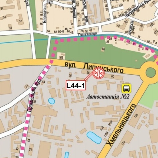 Схема рекламной плоскости по адресу Липинского ул., 60, (гостиница "Волтер", ТристарАвтоЭлит "Range Rover","Volvo", магазин строй-материалов, АЗС), в сторону ул. Б.Хмельницкого