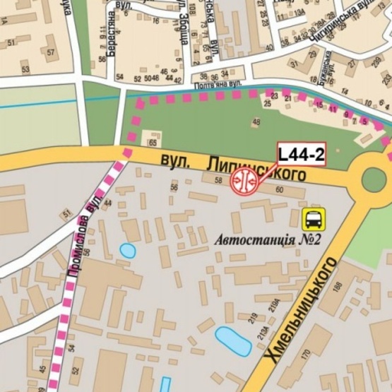 Схема рекламной плоскости по адресу Липинского ул., 60, (гостиница "Волтер", ТристарАвтоЭлит "Range Rover","Volvo", магазин строй-материалов, АЗС), в сторону прос. В.Черновола