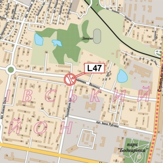 Схема рекламной плоскости по адресу Великого В.ул., 35 - Троллейбусная ул. (Вознесенская церковь, Ореховая Роща, ПриватБанк, Интернет-клуб, СТО "Каре"), направл. из центра