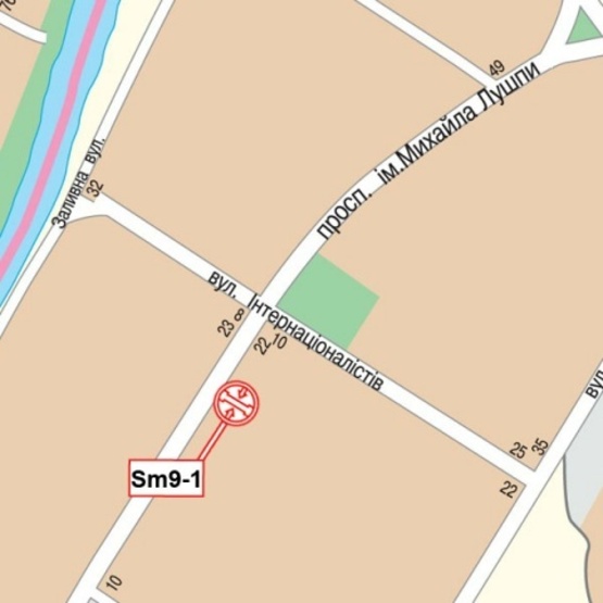 Схема рекламної площини за адресою Лушпы просп., 22 (магазин "Аквамастер", кафе "Орхидея", А-Банк, ПриватБанк, маркет "АТБ"), в направ. ул. Черепина