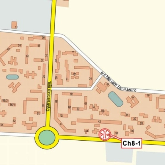 Схема рекламной плоскости по адресу 30-летия Победы ул., 40 (гипер-маркет "Эпицентр", маркет "Фокстрот", "АТБ", "Fresh Market", автосервис), направл. Кольцо Рустави